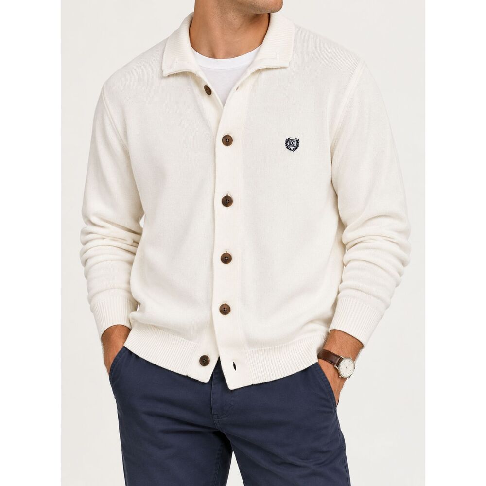 Vintage Chaps Mens L Ivory 100% Cotton Cardigan Sweater Grandpa Preppy Collared